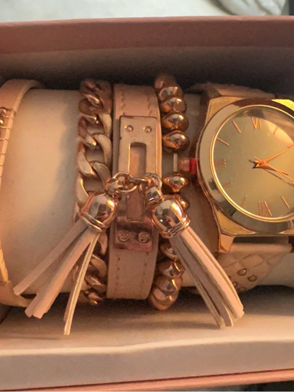 NWT still in box Women’s Pink Watch with multiple Tassel Chain Bracelets!!